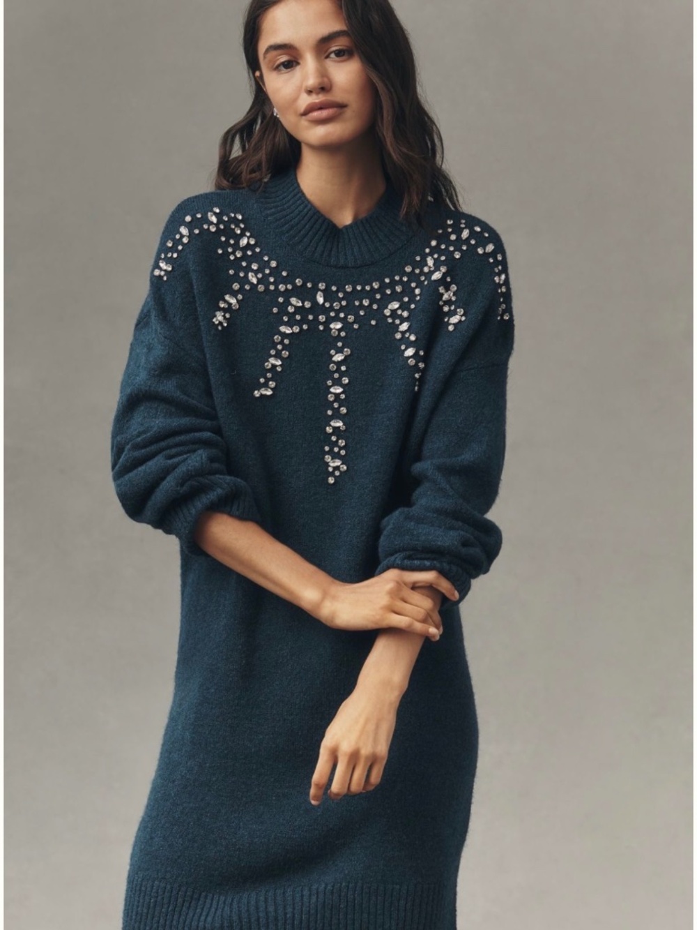 Anthropologie Long sleeve embellished sweater mini dress small NWT